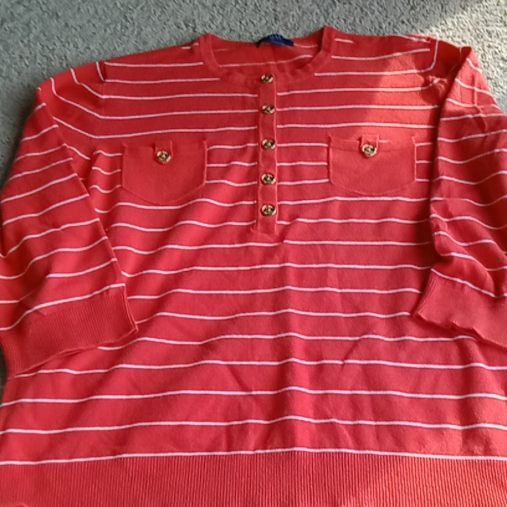 CHAPS orange  white striped gold buttons pocketed 3/4 length sweater